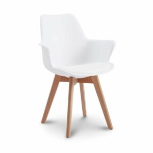 Chaise NAIDA au design moderne avec cadre blanc et cuir synthétique. Confortable, solide (150 kg), dimensions : 82,5x60x58 cm. Idéale pour salle à manger ou bureau.